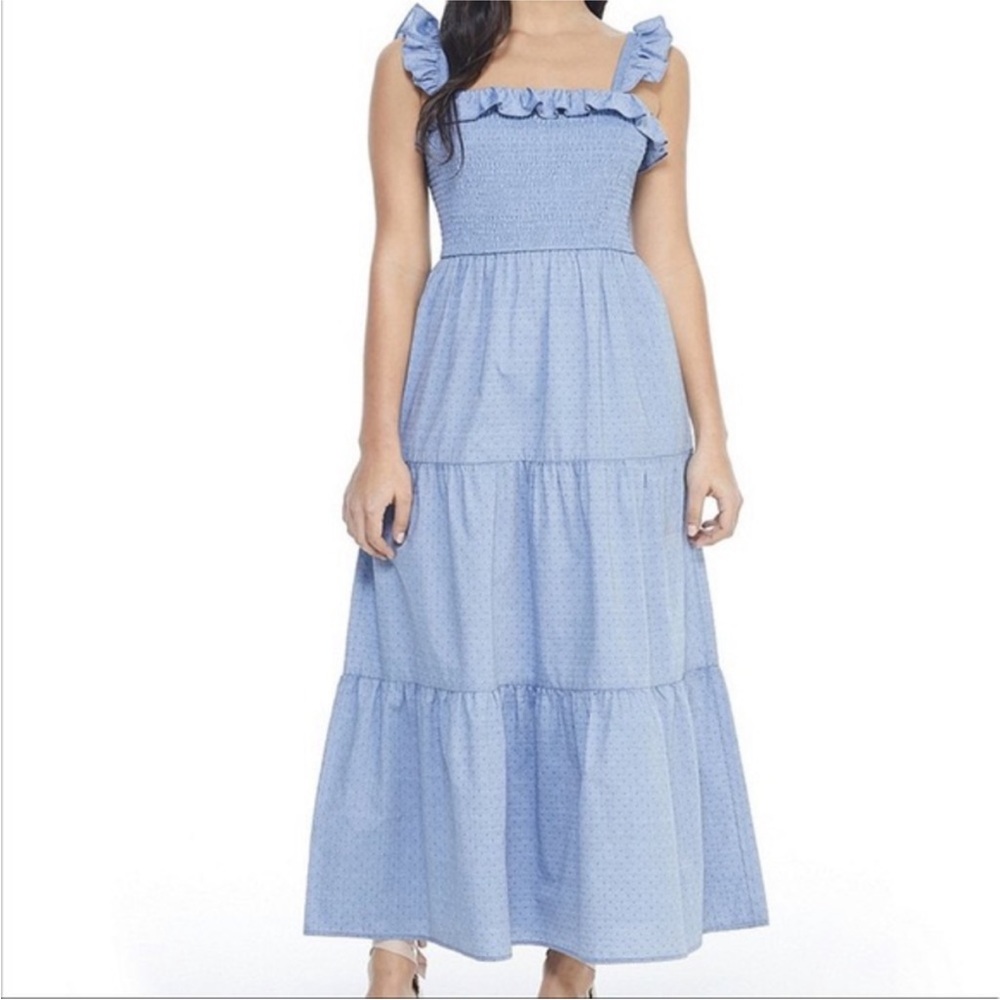 Gal Meets Glam Belinda Tiered Maxi Dress Blue Smocked Bust Ruffle Trim 4 NWT